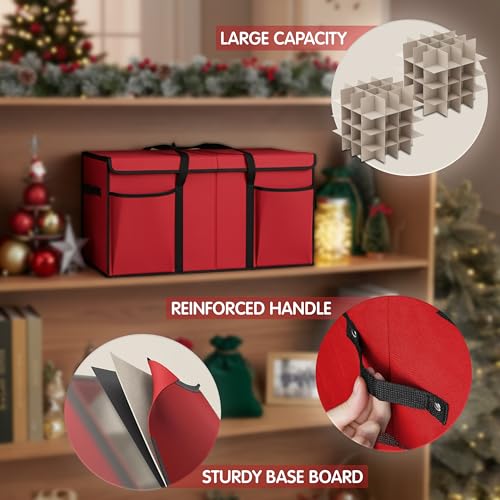 Mobi Lock Christmas Ornament Storage Box with Dividers & Pockets - Holiday Ornament Organizer Bag - Holds 128 Balls - Durable Red Fabric Container with Handles - Foldable Xmas Decorations Storage - by Mobi Lock - Image 5