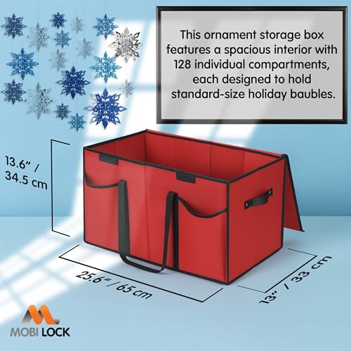 Mobi Lock Christmas Ornament Storage Box with Dividers & Pockets - Holiday Ornament Organizer Bag - Holds 128 Balls - Durable Red Fabric Container with Handles - Foldable Xmas Decorations Storage - by Mobi Lock - Image 3