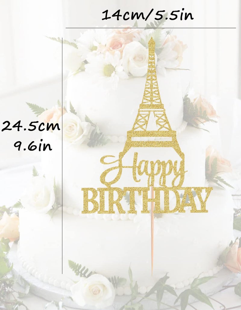 AHAORAY Eiffel Rower Birthday Cake Topper - Gold Glitter Eiffel Rower Theme Birthday Party Cake Decoration Supply - Boy or Girl Architecture Theme Party Cake Decor Photo Prop - Image 3