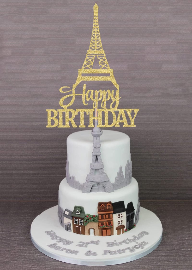 AHAORAY Eiffel Rower Birthday Cake Topper - Gold Glitter Eiffel Rower Theme Birthday Party Cake Decoration Supply - Boy or Girl Architecture Theme Party Cake Decor Photo Prop - Image 2