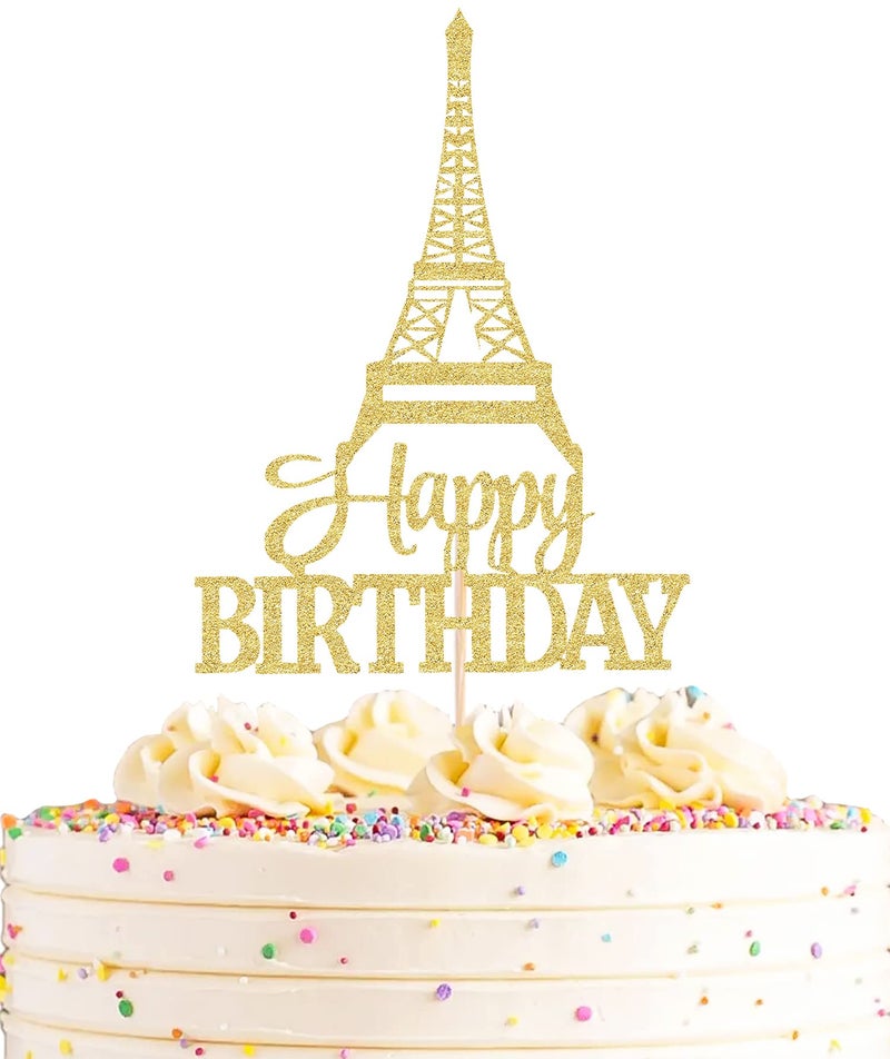 AHAORAY Eiffel Rower Birthday Cake Topper - Gold Glitter Eiffel Rower Theme Birthday Party Cake Decoration Supply - Boy or Girl Architecture Theme Party Cake Decor Photo Prop - Image 1