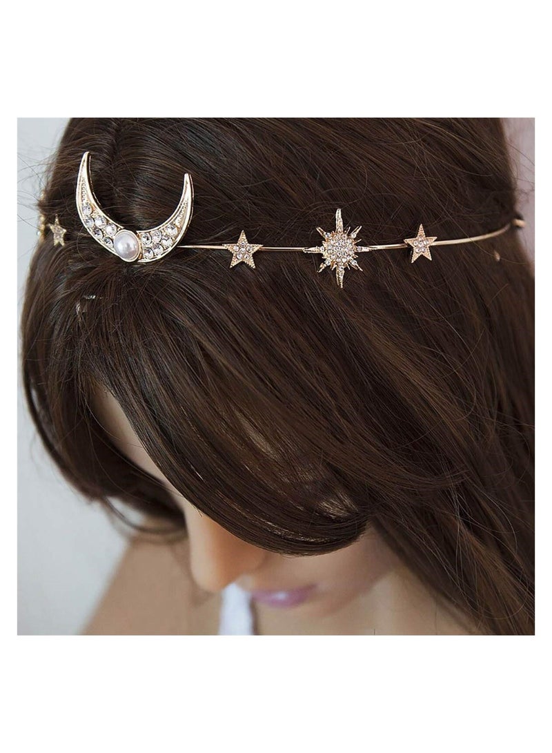 Zikra 1 Piece Gold Wedding Crystal Pendant Head Chain Moon Star Hair Ornament - Image 1