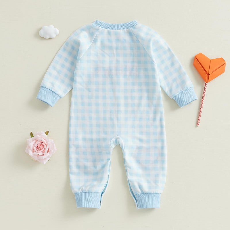 Mieeyali Baby Boy Valentines Day Outfit Be Mine Heart Romper Gingham Long Sleeve Jumpsuit Newborn Clothes (Blue Be Mine B, 3-6 Months) - Image 4