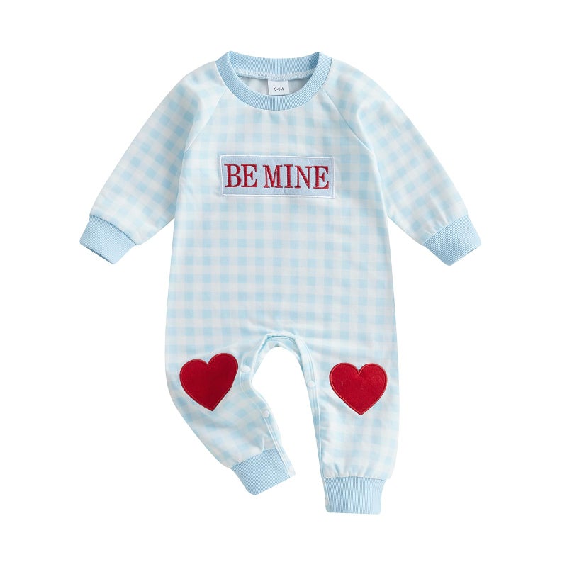 Mieeyali Baby Boy Valentines Day Outfit Be Mine Heart Romper Gingham Long Sleeve Jumpsuit Newborn Clothes (Blue Be Mine B, 3-6 Months) - Image 1