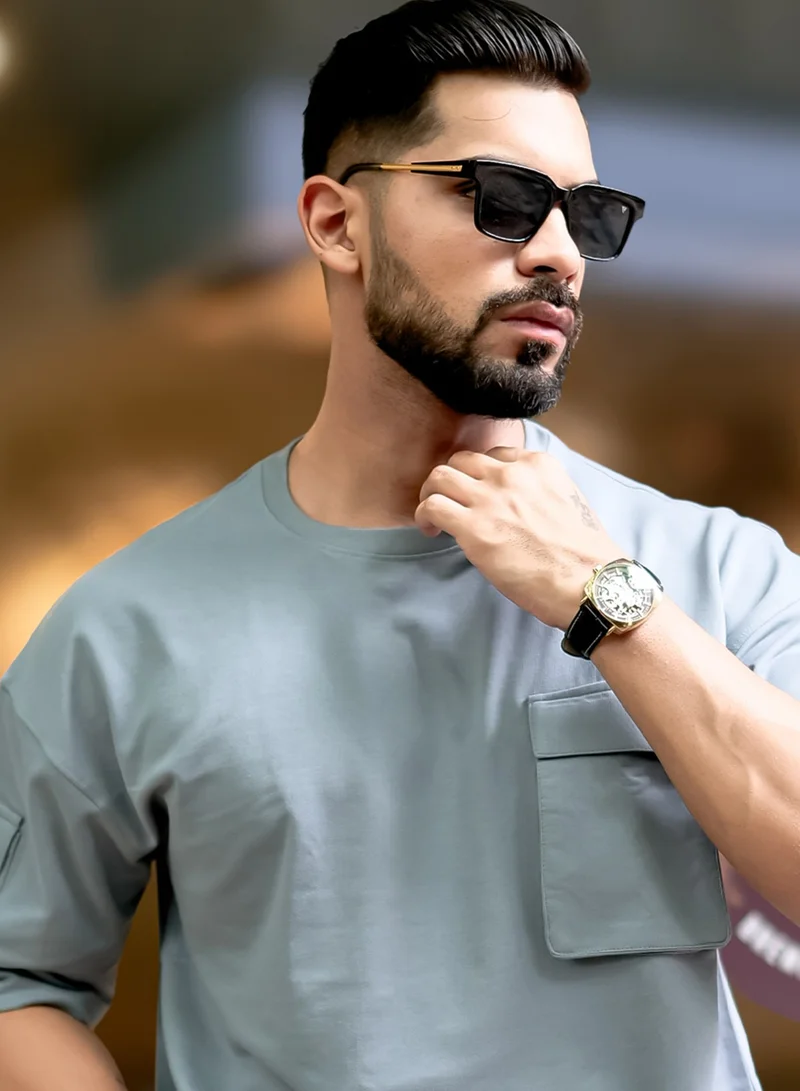 مانياك Maniac Mens Solid Polo Neck 3/4th Sleeve Light Grey Cotton T-Shirt