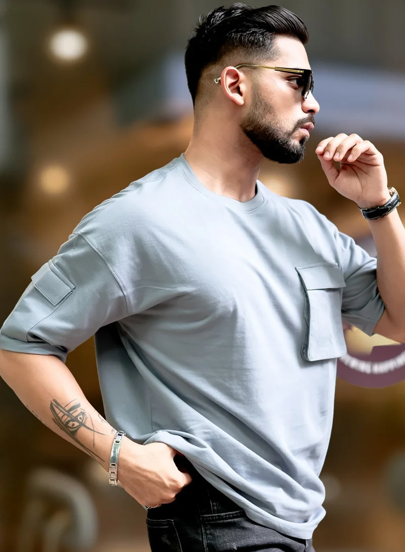 Maniac  Maniac Mens Solid Polo Neck 3/4th Sleeve Light Grey Cotton T-Shirt for Men | Best Price UAE