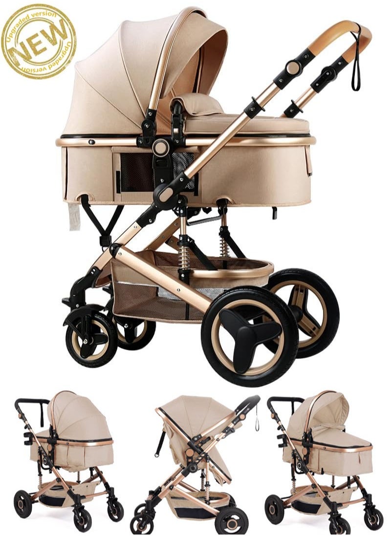 Generic Upgraded Version Baby Stroller with High view  Double push rod  Can sit and lie down Lightweight Foldable Four-wheel rubber Strong shock absorption Large Space Durable Suitable for Baby 0-3 years old Travel strollers  - Image 1