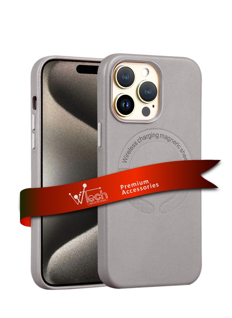 Wtech - Leather Magnetic Wireless Charging Case Original MagSafe Shockproof Case Cover For Apple IPhone 15 Pro 2023 Luxury Clay - Image 1