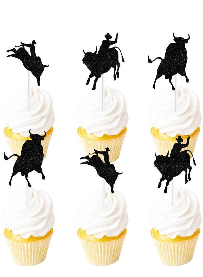 LETLIMIT Black Glitter Dessert Cupcake Topper Cow Country Western Bull Riding Competition Theme Decorations Baby Shower Boys Girls Happy Birthday Decor Supplies 18pcs - Image 1