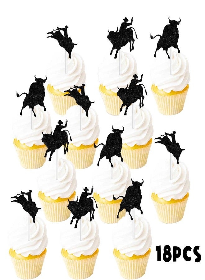 LETLIMIT Black Glitter Dessert Cupcake Topper Cow Country Western Bull Riding Competition Theme Decorations Baby Shower Boys Girls Happy Birthday Decor Supplies 18pcs - Image 2