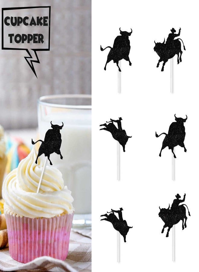 LETLIMIT Black Glitter Dessert Cupcake Topper Cow Country Western Bull Riding Competition Theme Decorations Baby Shower Boys Girls Happy Birthday Decor Supplies 18pcs - Image 3