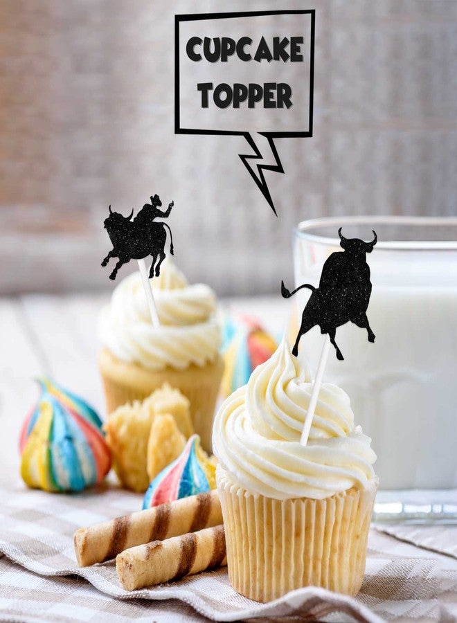 LETLIMIT Black Glitter Dessert Cupcake Topper Cow Country Western Bull Riding Competition Theme Decorations Baby Shower Boys Girls Happy Birthday Decor Supplies 18pcs - Image 5