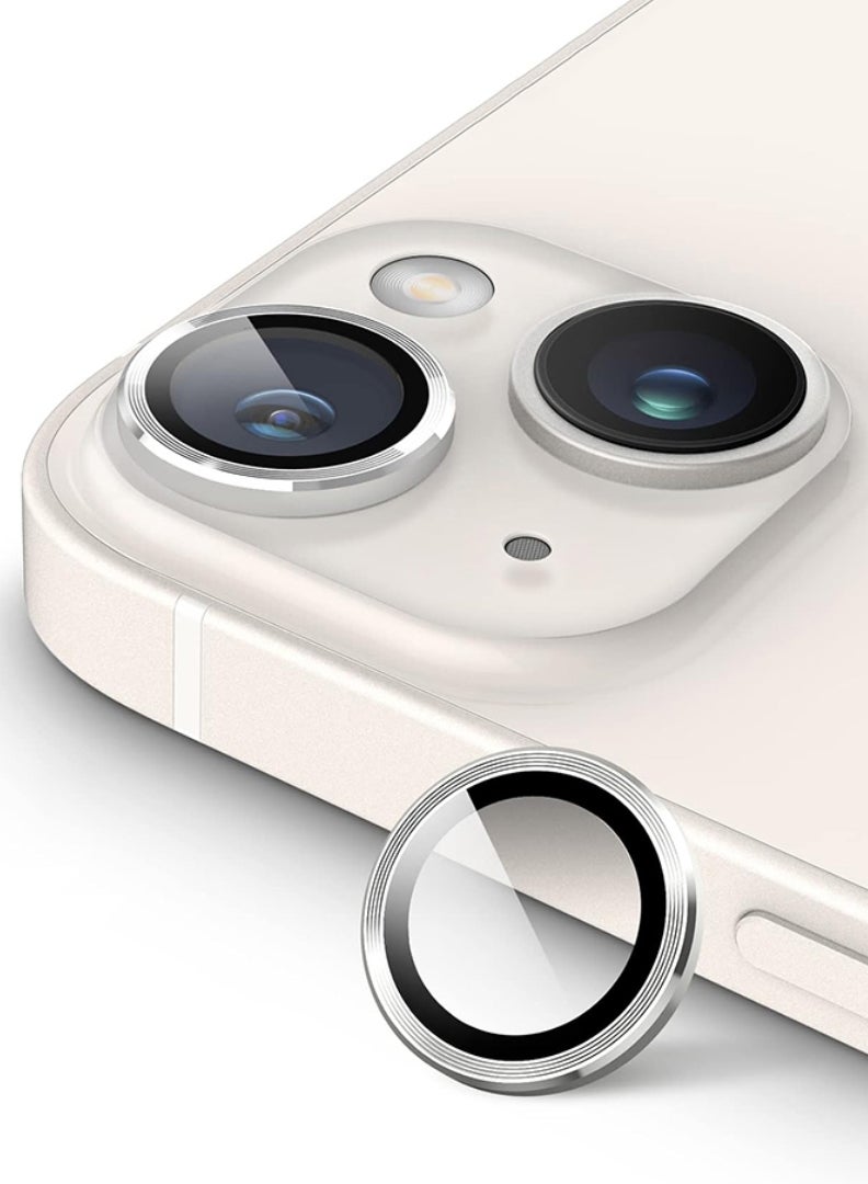 Theodor iPhone 14/ 14 Plus 2 Pcs Camera Lens Protector With 9H Tempered HD Glass Camera Cover Anti Scratch Aluminum Alloy Camera Ring, Silver - Image 1