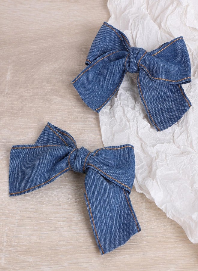 Miroksh Blue Denim Hair Clips 4" Blue Jeans Hair Ribbon Bow Barrettes Alligator Hairpin for Women West Cowgirl Fall Vintage Outfit Boho Dress Decor Accessory Teens Toddler Girls Back School Gift - Image 2