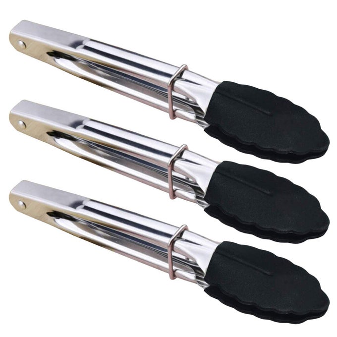 MINI TONGS WITH SILICONE TIPS 7INCH KITCHEN TONGS SET OF 3 BLACK