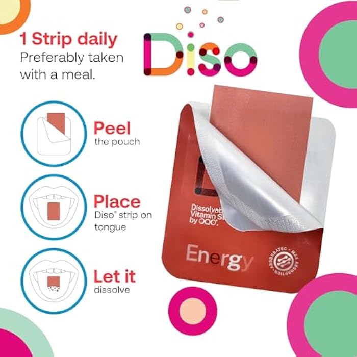 DISO ديسو - طاقة - شرائط كافيين سريعة الذوبان مع الفيتامينات، نكهة الفراولة، نباتية، خالية من السكر، امتصاص عالي، خالية من الغلوتين، مغلفة بشكل فردي، 30 شريط قابل للذوبان - Image 2