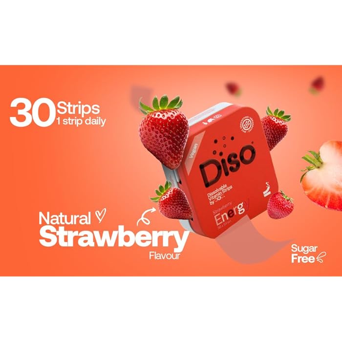 DISO ديسو - طاقة - شرائط كافيين سريعة الذوبان مع الفيتامينات، نكهة الفراولة، نباتية، خالية من السكر، امتصاص عالي، خالية من الغلوتين، مغلفة بشكل فردي، 30 شريط قابل للذوبان - Image 5