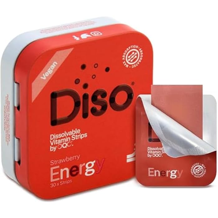 DISO ديسو - طاقة - شرائط كافيين سريعة الذوبان مع الفيتامينات، نكهة الفراولة، نباتية، خالية من السكر، امتصاص عالي، خالية من الغلوتين، مغلفة بشكل فردي، 30 شريط قابل للذوبان - Image 1