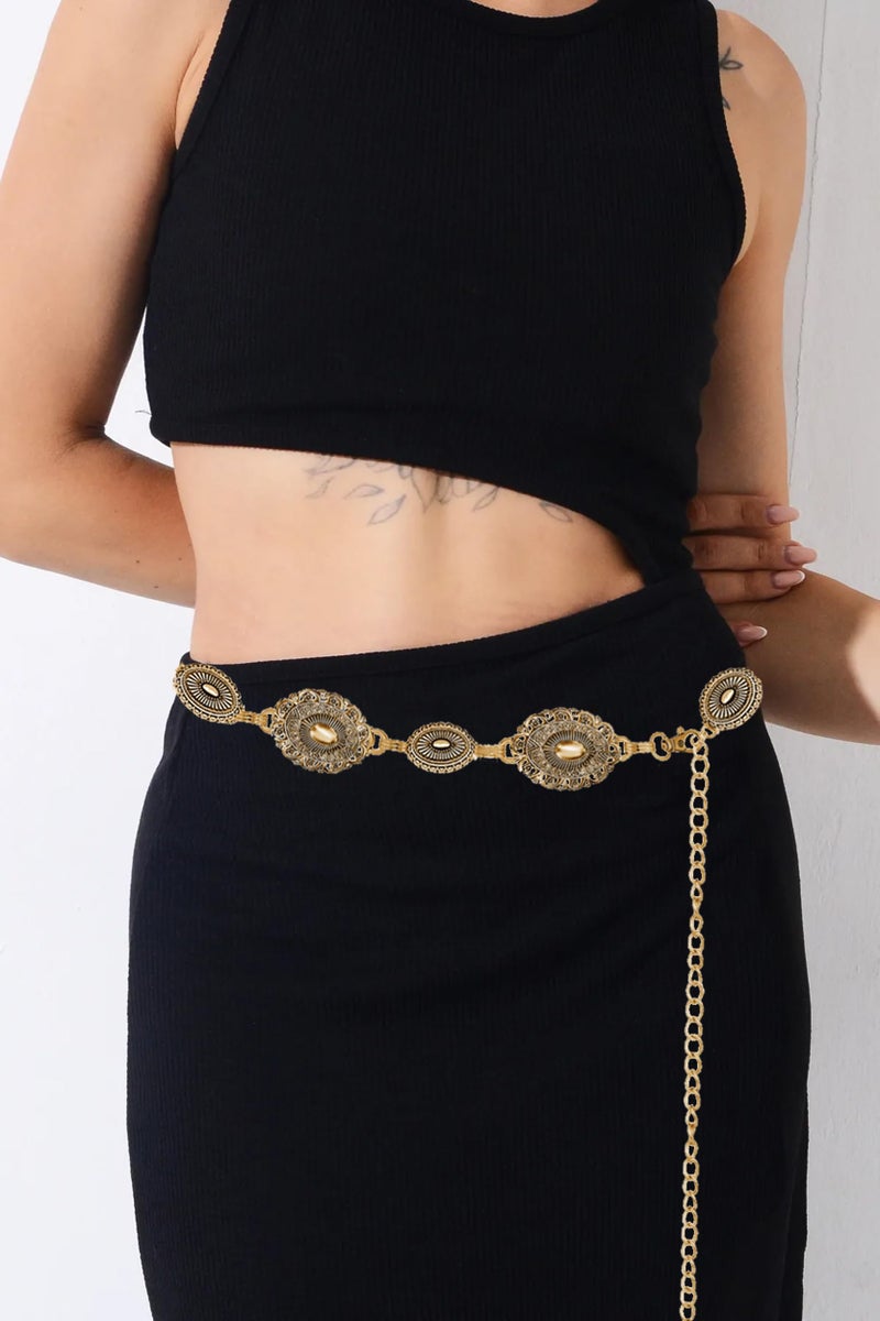 WAYLIT Western-Belt-Women Cowgirl-Metal-Belts Boho Golden Vintage Concho Chain Belt for Dress Jeans (Black Golden, Length 51.1" (29.5"+extended chain 21.6")) - Image 4
