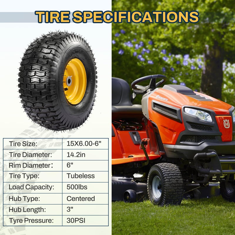 FAHKNS 2PCS 15x6.00-6 Tire and Wheel Assembly, Replacement for Craftsman John Deere Cub Cadet Riding Mowers, 4 Ply Tubeless Lawn Mower Tires 15x6x6, 500lbs Capacity, 3" Centered Hub, 3/4" Bushing - Image 4