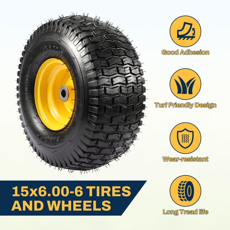 FAHKNS 2PCS 15x6.00-6 Tire and Wheel Assembly, Replacement for Craftsman John Deere Cub Cadet Riding Mowers, 4 Ply Tubeless Lawn Mower Tires 15x6x6, 500lbs Capacity, 3" Centered Hub, 3/4" Bushing - Image 5