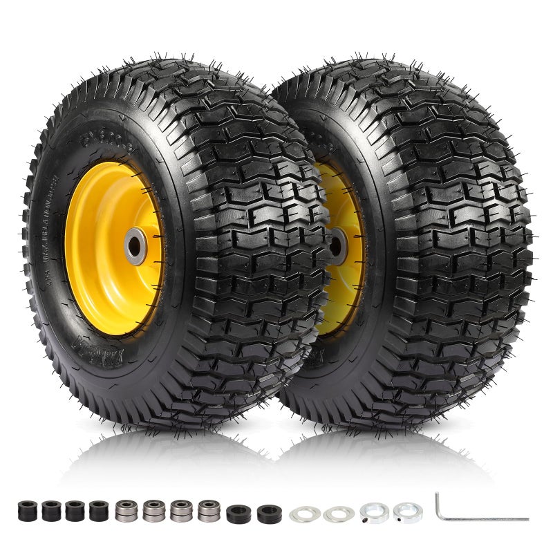 FAHKNS 2PCS 15x6.00-6 Tire and Wheel Assembly, Replacement for Craftsman John Deere Cub Cadet Riding Mowers, 4 Ply Tubeless Lawn Mower Tires 15x6x6, 500lbs Capacity, 3" Centered Hub, 3/4" Bushing - Image 1