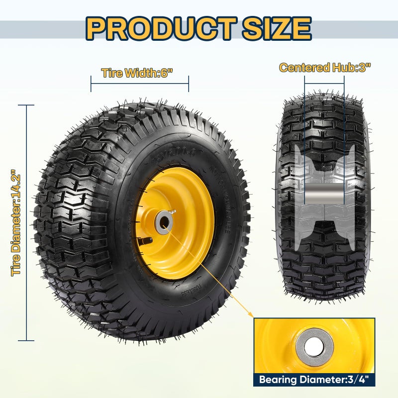 FAHKNS 2PCS 15x6.00-6 Tire and Wheel Assembly, Replacement for Craftsman John Deere Cub Cadet Riding Mowers, 4 Ply Tubeless Lawn Mower Tires 15x6x6, 500lbs Capacity, 3" Centered Hub, 3/4" Bushing - Image 2