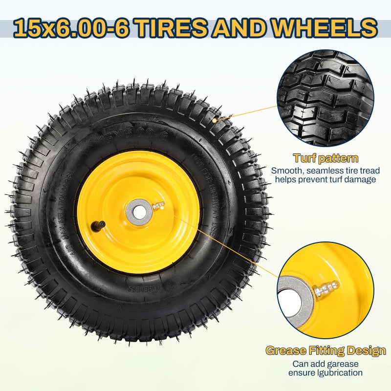 FAHKNS 2PCS 15x6.00-6 Tire and Wheel Assembly, Replacement for Craftsman John Deere Cub Cadet Riding Mowers, 4 Ply Tubeless Lawn Mower Tires 15x6x6, 500lbs Capacity, 3" Centered Hub, 3/4" Bushing - Image 3