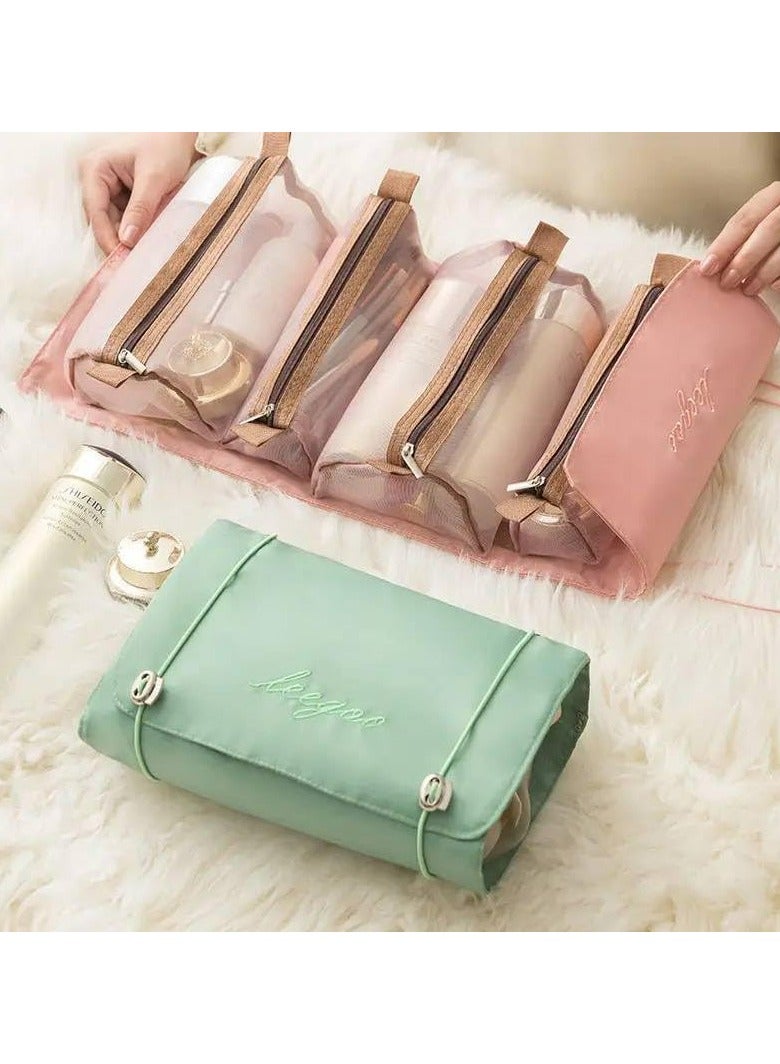 حقيبة مكياج نسائية قابلة للطي، حقيبة أدوات الزينة للسفر قابلة للطي مع 4 أقسام، منظم مستحضرات التجميل قابل للفصل (بيج) - Image 2