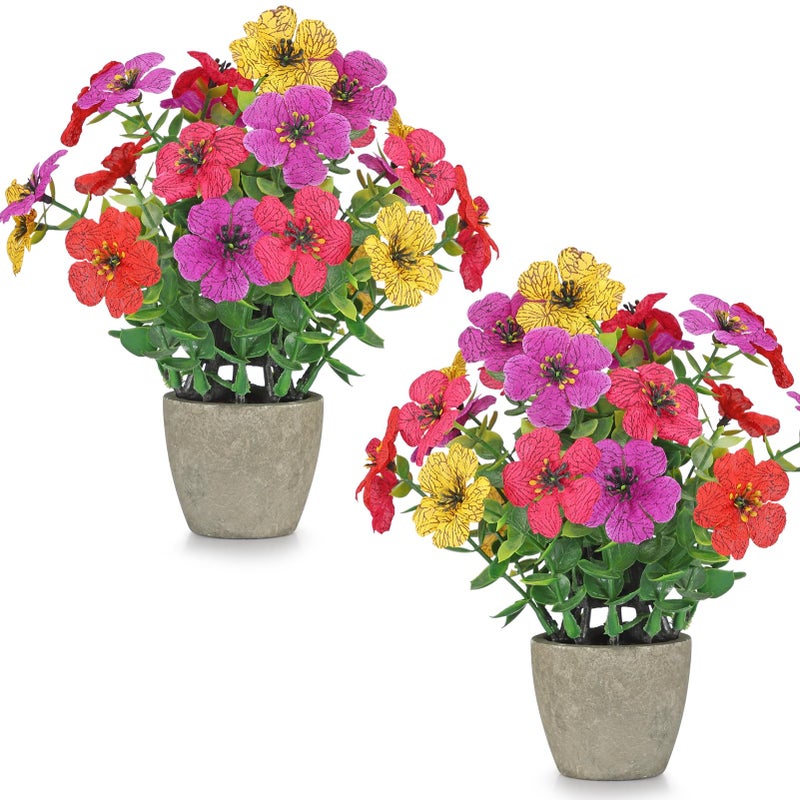 FAVOWREATH 2 Pack Small Fake Plants Potted Artificial Plants Artificial Flowers Potted Faux Flower Daisy with Eucalyptus Leaves for Home Decor Office Room Farmhouse Indoor Table Bathroom Decor colorful - Image 2