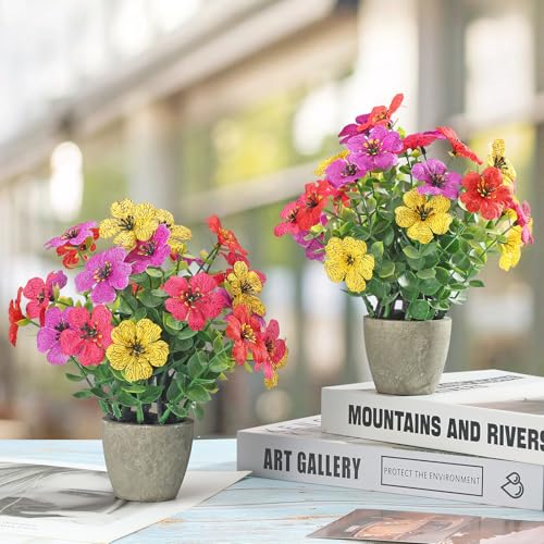 FAVOWREATH 2 Pack Small Fake Plants Potted Artificial Plants Artificial Flowers Potted Faux Flower Daisy with Eucalyptus Leaves for Home Decor Office Room Farmhouse Indoor Table Bathroom Decor colorful - Image 3