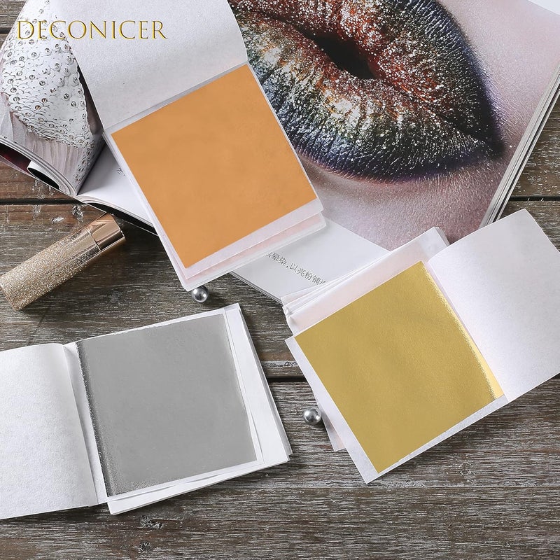 Deconicer 300pcs Imitaion Gold Leaf Sheets for Resin.3 Multi-Color Gold Foil Sheets (Gold,Silver,Rose Gold) are Suitable for Art,Crafts,Resin,Painting,Furniture,Decoration.3.15×3.35 inches. - Image 3