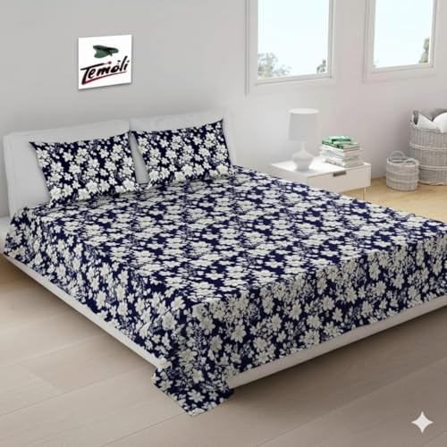Temoli® King Size Flat Bedsheet – Warm Flannel Velvet Double Bedsheet for Winter (90x100 Inch) with 2 Pillow Covers | Flower & Blue Design - Image 1