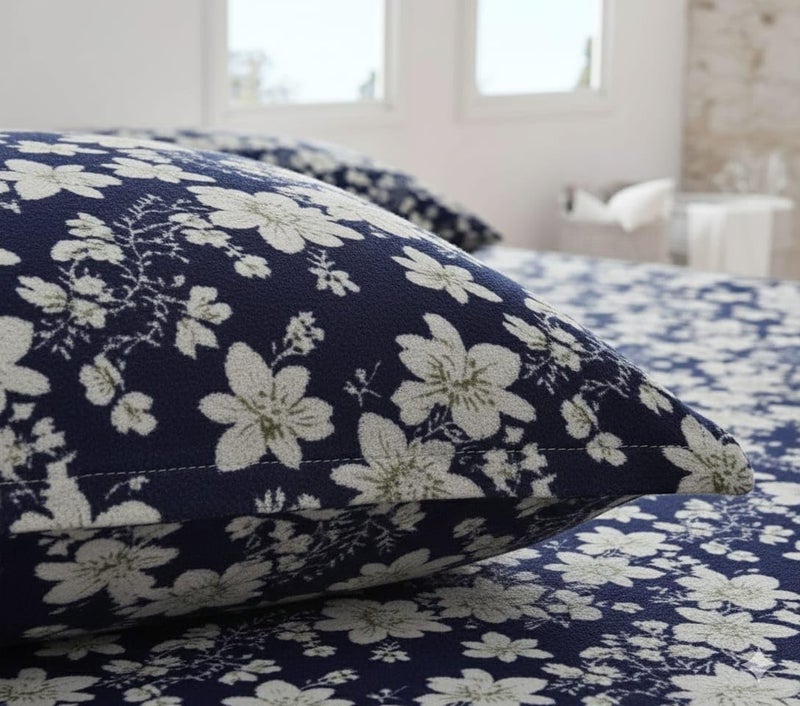 Temoli® King Size Flat Bedsheet – Warm Flannel Velvet Double Bedsheet for Winter (90x100 Inch) with 2 Pillow Covers | Flower & Blue Design - Image 4