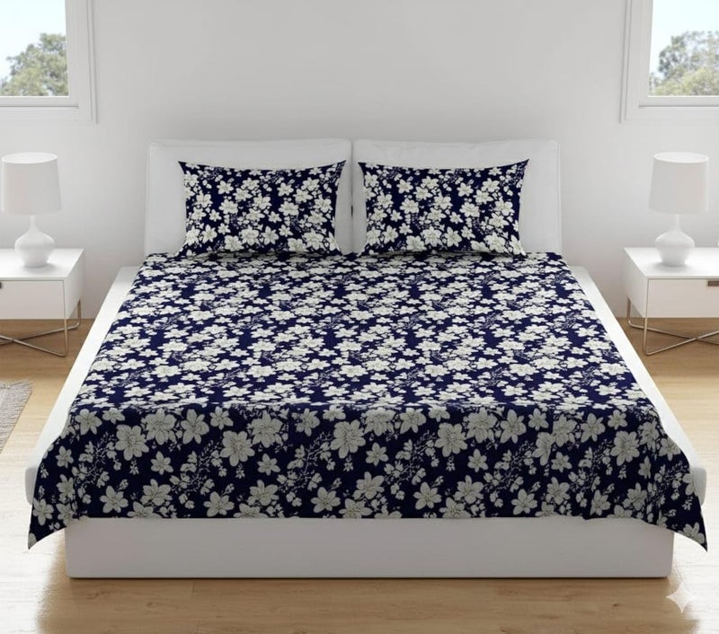 Temoli® King Size Flat Bedsheet – Warm Flannel Velvet Double Bedsheet for Winter (90x100 Inch) with 2 Pillow Covers | Flower & Blue Design - Image 2