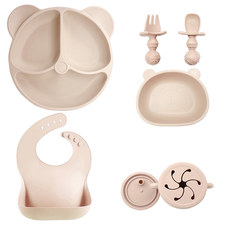Silicone Baby Dining Set Soft Bib Bowl Spoon Beige 7 pieces-small bear plate bear head bowl 2 in 1 cup bib short fork spoon