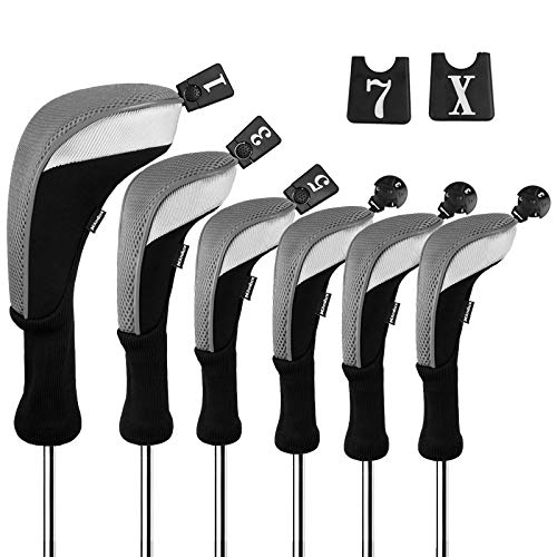 Andux 6pcs/Set Golf Club Head Covers Woods Drivers Fairway Hybrid Set Long Neck (3 Hybrid + 3 Woods) (Black/Grey) - Image 1