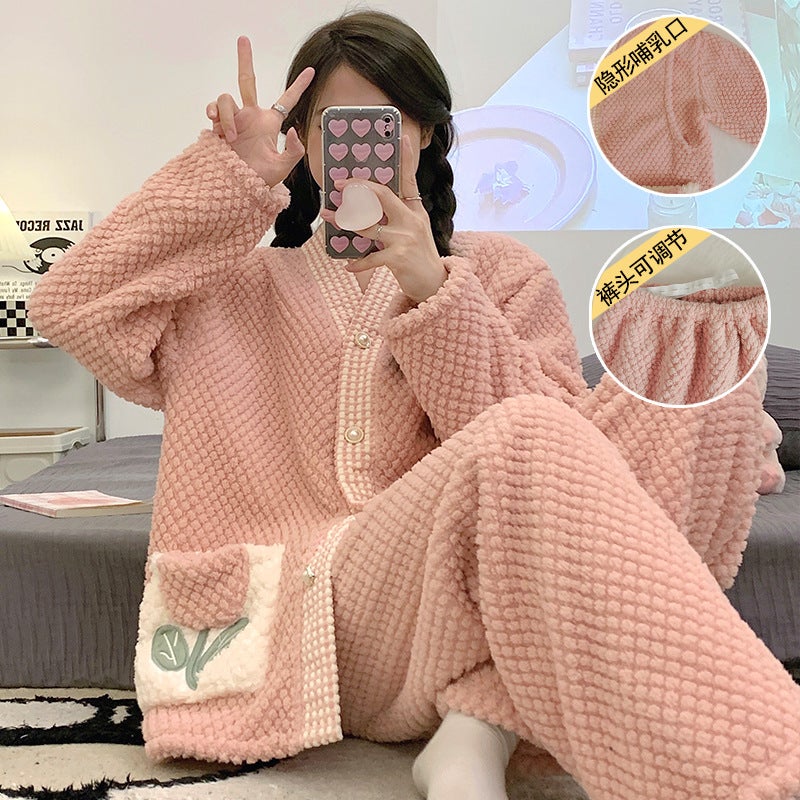 Flannel Confinement Clothing Thickened Coral Fleece Warm Maternity Postpartum Breastfeeding Can Be Worn Outside Home Wear - Image 1