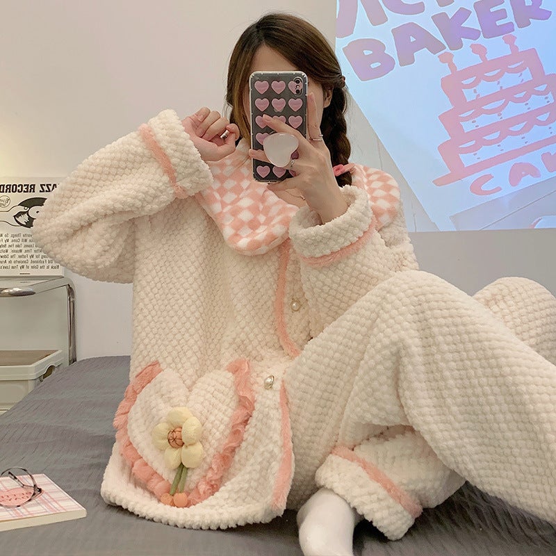 Flannel Confinement Clothing Thickened Coral Fleece Warm Maternity Postpartum Breastfeeding Can Be Worn Outside Home Wear - Image 3