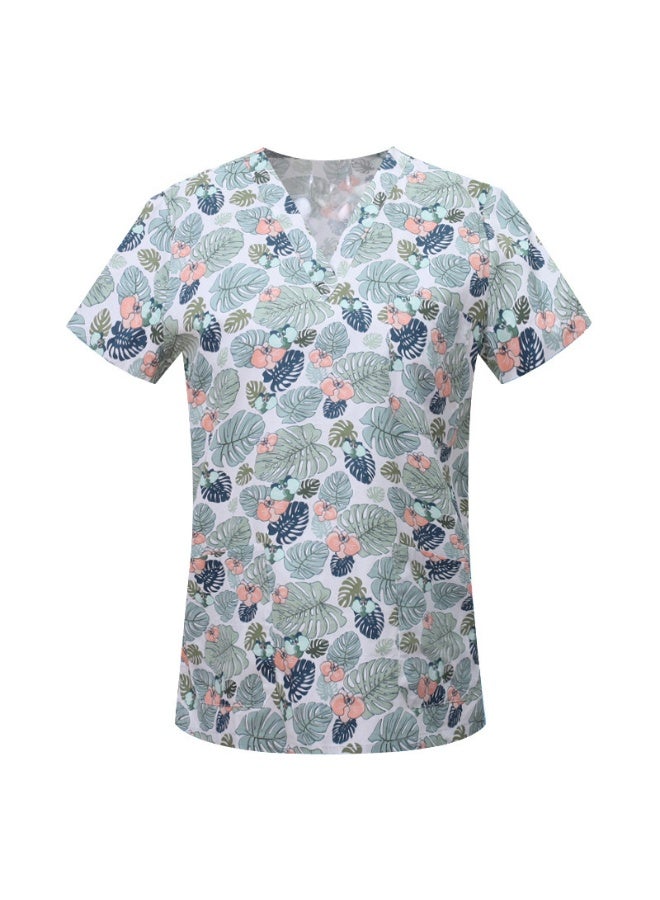Loquat Womens Medical Scrubs Single Top Medical Uniform Single Printed Top Leaf Print on Light Beige Background - Image 1