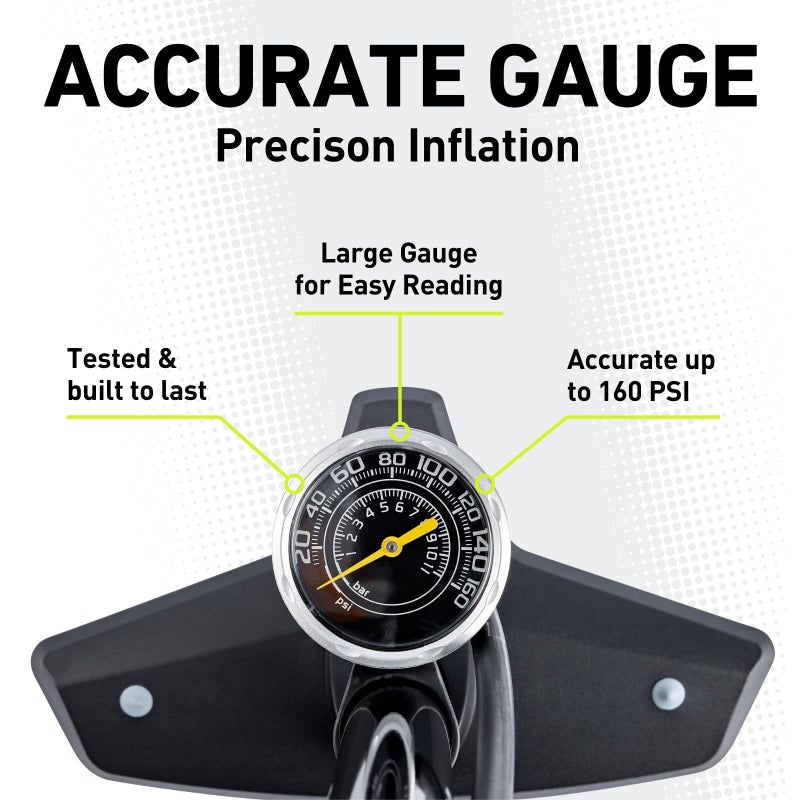 VIBRELLI Bike Floor Pump with Gauge & Puncture Kit - 160 PSI - Presta Valve Bike Pump Switches to Schrader - High Pressure Bicycle Pump,Black - Image 4