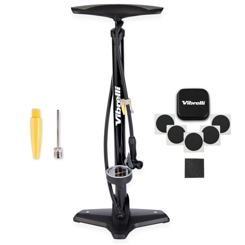 VIBRELLI Bike Floor Pump with Gauge & Puncture Kit - 160 PSI - Presta Valve Bike Pump Switches to Schrader - High Pressure Bicycle Pump,Black - Image 1