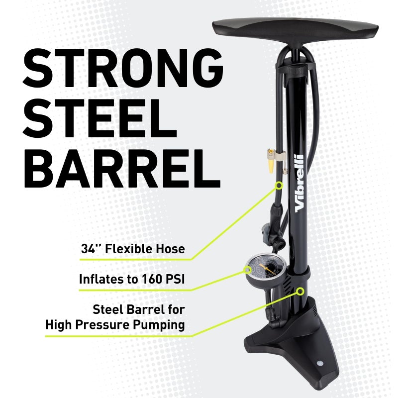 VIBRELLI Bike Floor Pump with Gauge & Puncture Kit - 160 PSI - Presta Valve Bike Pump Switches to Schrader - High Pressure Bicycle Pump,Black - Image 3