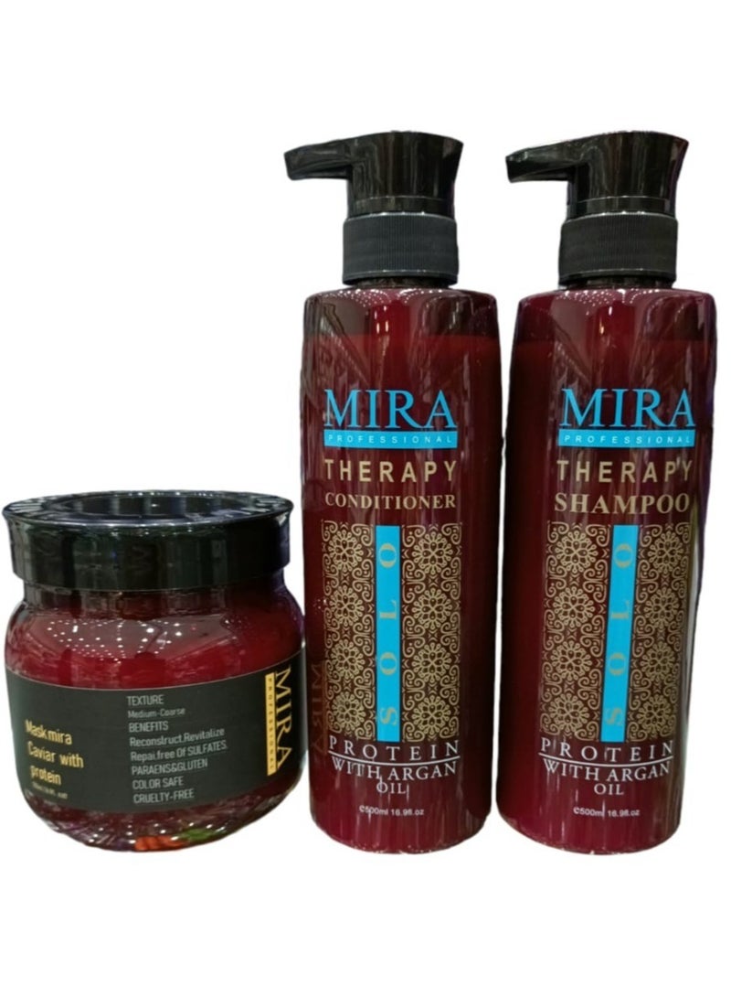Mira Shampoo 500 ml  Conditioner 500 ml  and Mask 500 ml With Argan Oil and Protein to Maintain Hair Treated With Protein or Creatine.