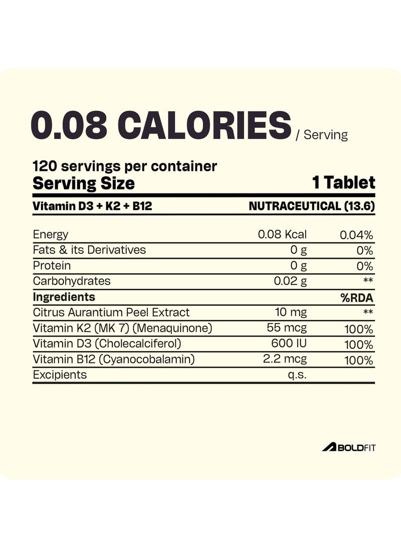 بولد فيت مكمل فيتامين د من Boldfit Vitamin D فيتامين D3 K2 MK7 وملحق فيتامين ب 12 لدعم الطاقة للرجال والنساء، وصحة العظام، ودعم المناعة، ومكمل فيتامين د اليومي للعافية -120 قرص نباتي - Image 2