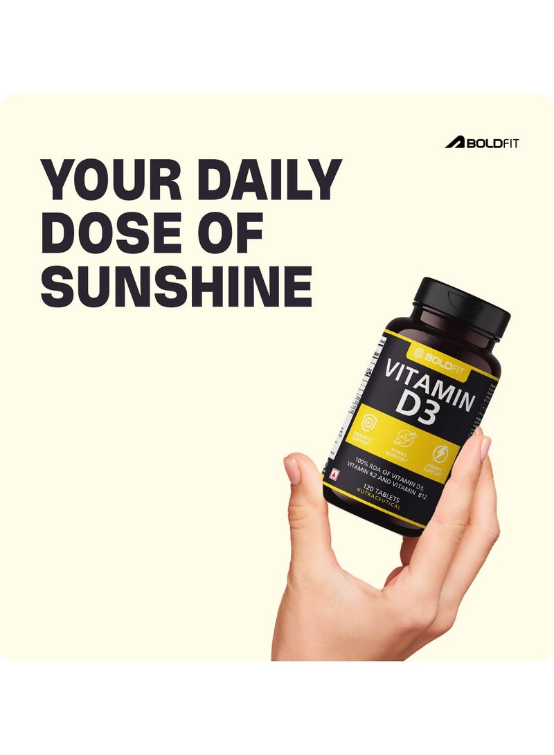 بولد فيت مكمل فيتامين د من Boldfit Vitamin D فيتامين D3 K2 MK7 وملحق فيتامين ب 12 لدعم الطاقة للرجال والنساء، وصحة العظام، ودعم المناعة، ومكمل فيتامين د اليومي للعافية -120 قرص نباتي - Image 3
