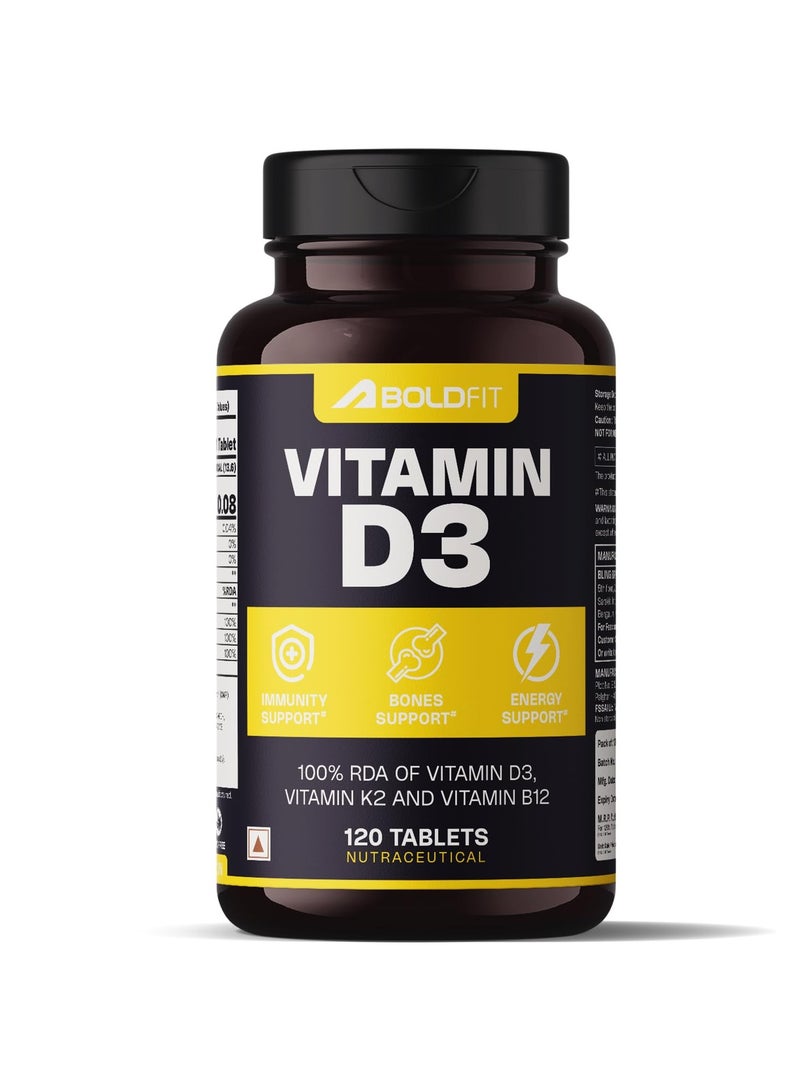 بولد فيت مكمل فيتامين د من Boldfit Vitamin D فيتامين D3 K2 MK7 وملحق فيتامين ب 12 لدعم الطاقة للرجال والنساء، وصحة العظام، ودعم المناعة، ومكمل فيتامين د اليومي للعافية -120 قرص نباتي - Image 1