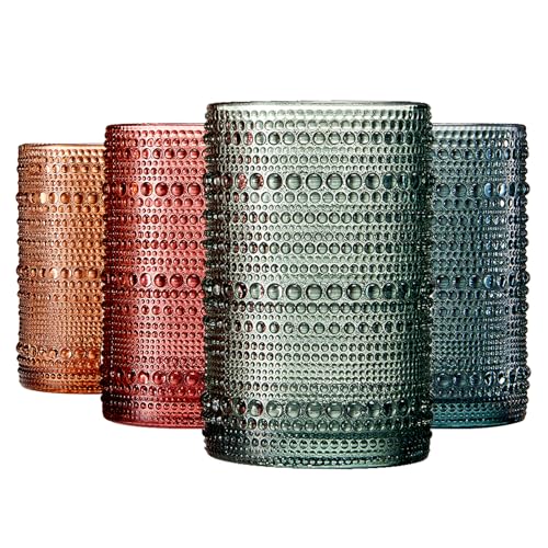 Khen Hobnail Beaded Highball Drinking Tumbler Glasses | Set of 4 | Color, Vintage Bubble Design Whiskey Glassware, Old-Fashioned, Embossed Design for Water, Wine, Cocktail Embossed, Rocks Glass - Image 1