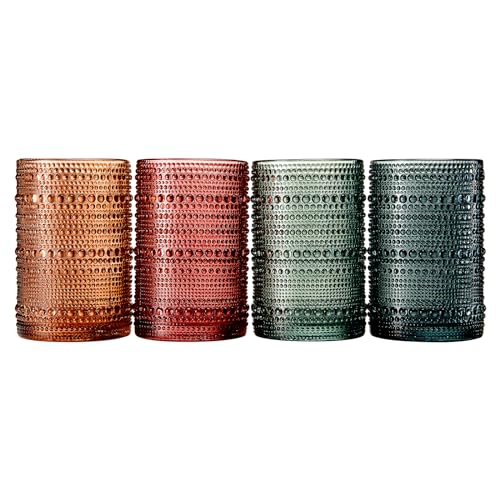 Khen Hobnail Beaded Highball Drinking Tumbler Glasses | Set of 4 | Color, Vintage Bubble Design Whiskey Glassware, Old-Fashioned, Embossed Design for Water, Wine, Cocktail Embossed, Rocks Glass - Image 4