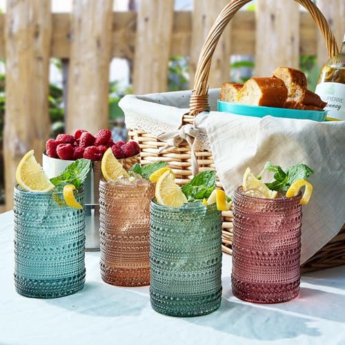 Khen Hobnail Beaded Highball Drinking Tumbler Glasses | Set of 4 | Color, Vintage Bubble Design Whiskey Glassware, Old-Fashioned, Embossed Design for Water, Wine, Cocktail Embossed, Rocks Glass - Image 2